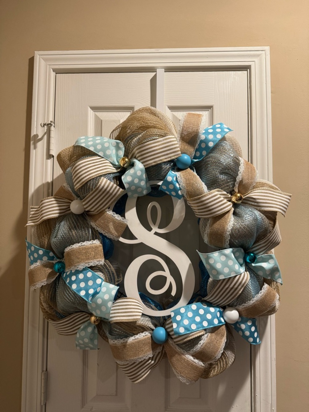 Handcrafted Burlap and Blue Polka Dot Holiday Wreath - Turquoise & Natural
